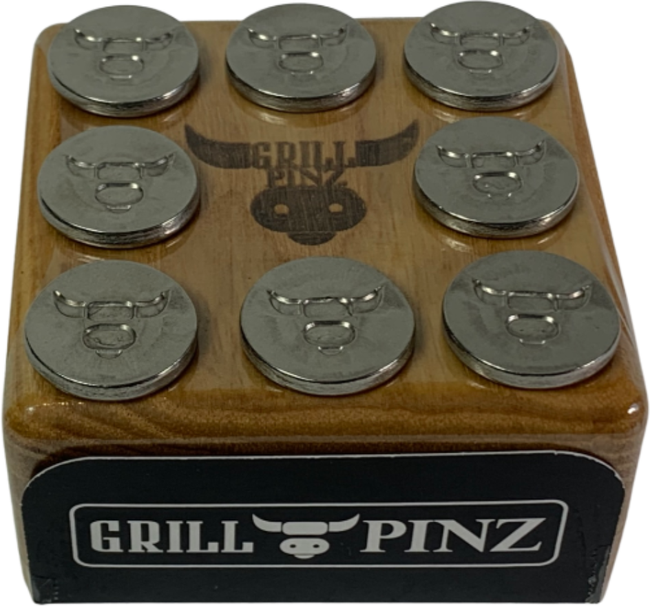 STAINLESS STEEL GRILL PINZ WITH HARDWOOD STORAGE BLOCK
