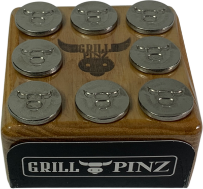 STAINLESS STEEL GRILL PINZ WITH HARDWOOD STORAGE BLOCK